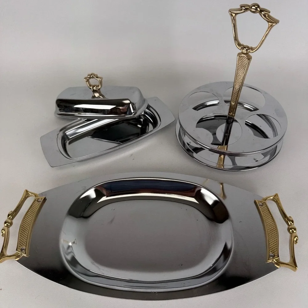 Kromex MCM Chrome Tray Set 3pc Gold Handle Butler Tray Butter‎ Tray Lazy Susan